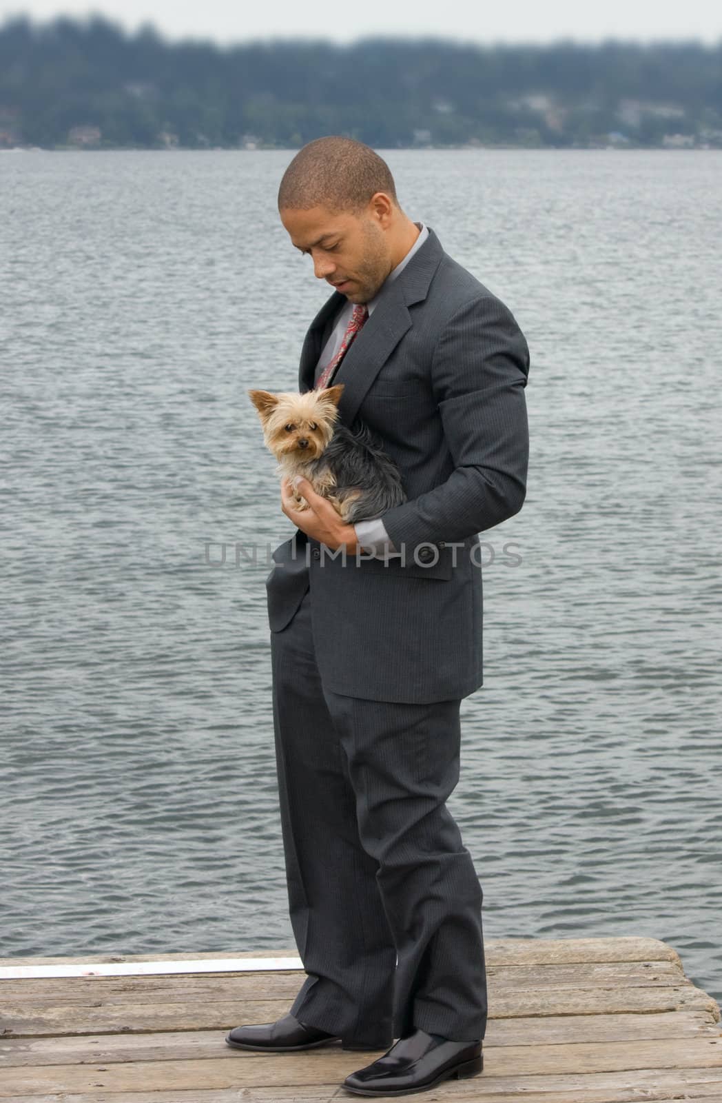 Ethnic Business Man with his Yorkshire Terrier Dog standing on a pier next to the lake.