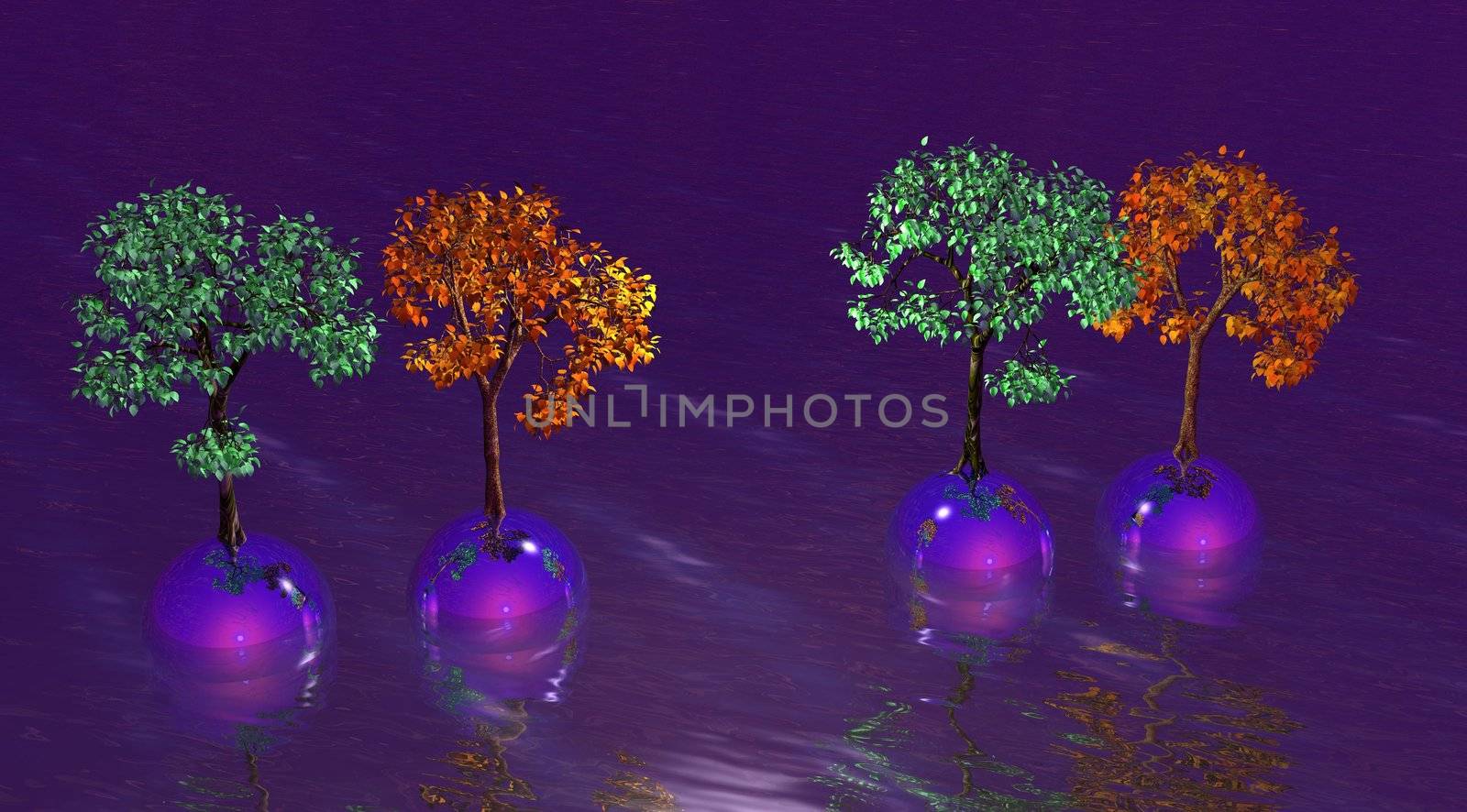 Four green and orange trees on four balls in the water