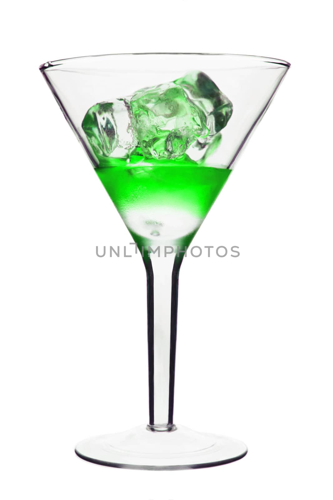 Green Alcoholic Cocktail in martini glass with ice. Isolated on White Background
