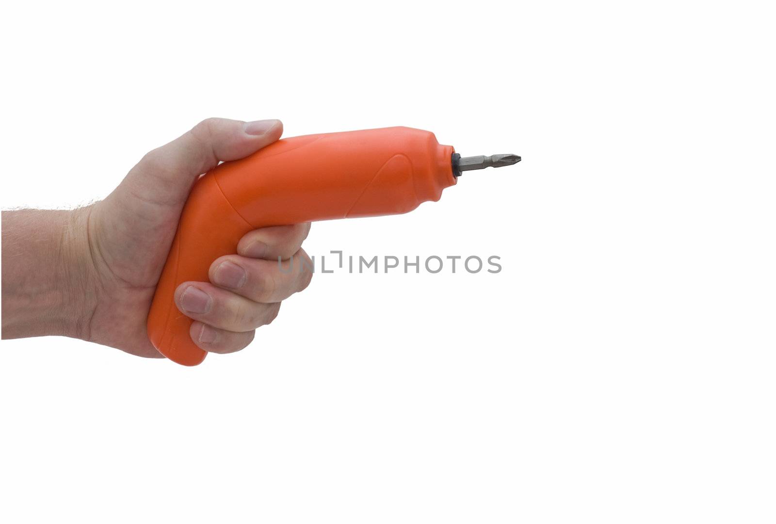 an isolated over white hand holding a cordless posidrive screwdriver 