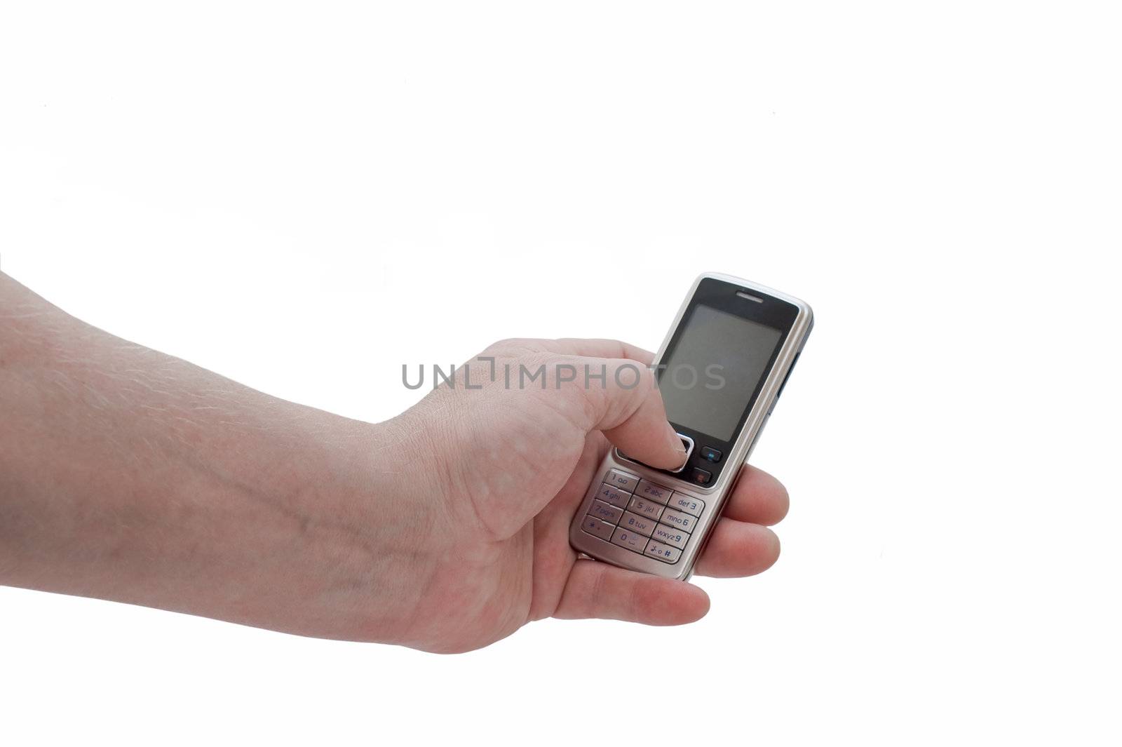 an isolated over white man's hand using a mobile phone.