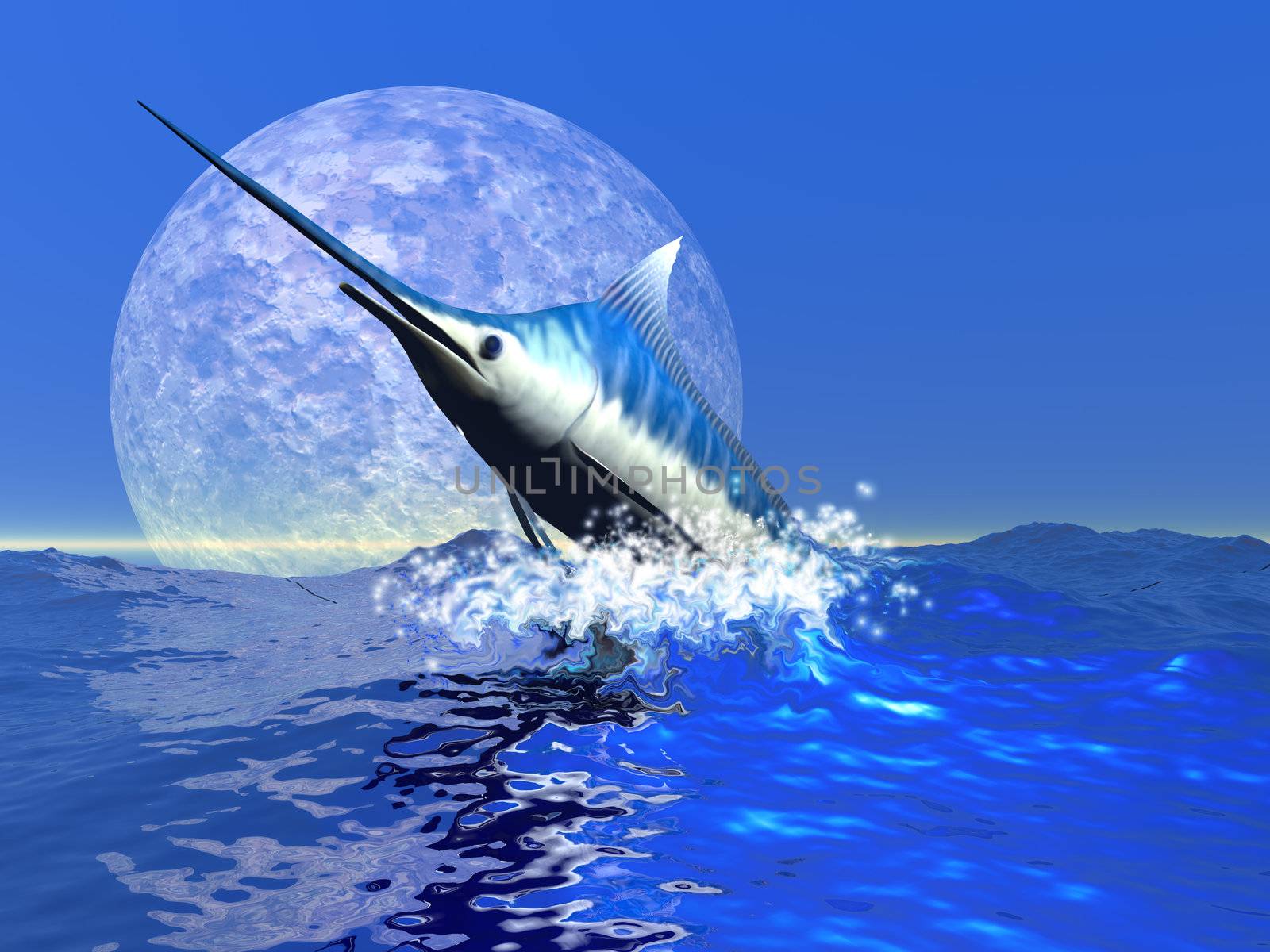 A blue marlin bursts from the ocean in a great splash.