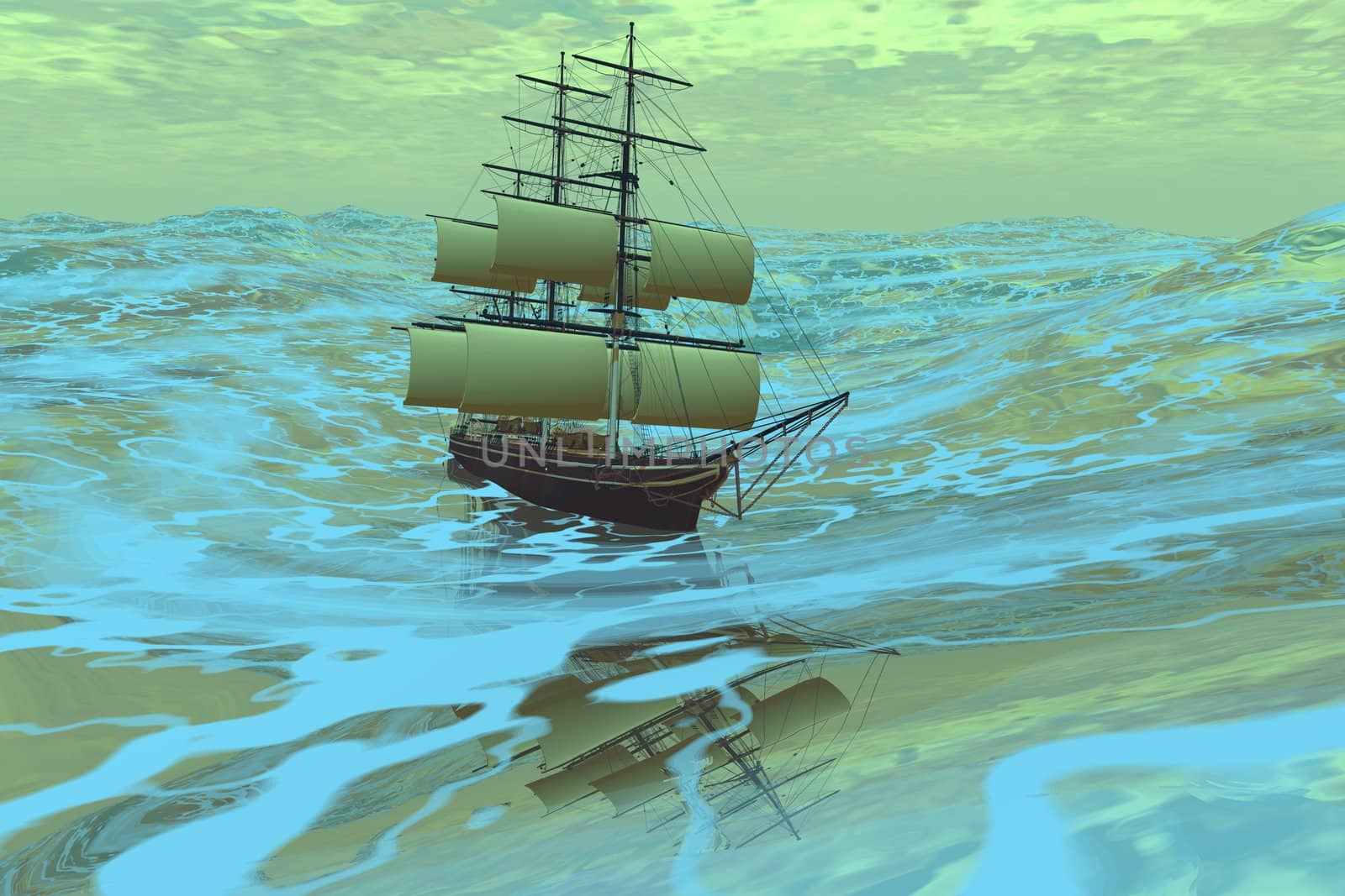 A ship sails in a rough ocean.