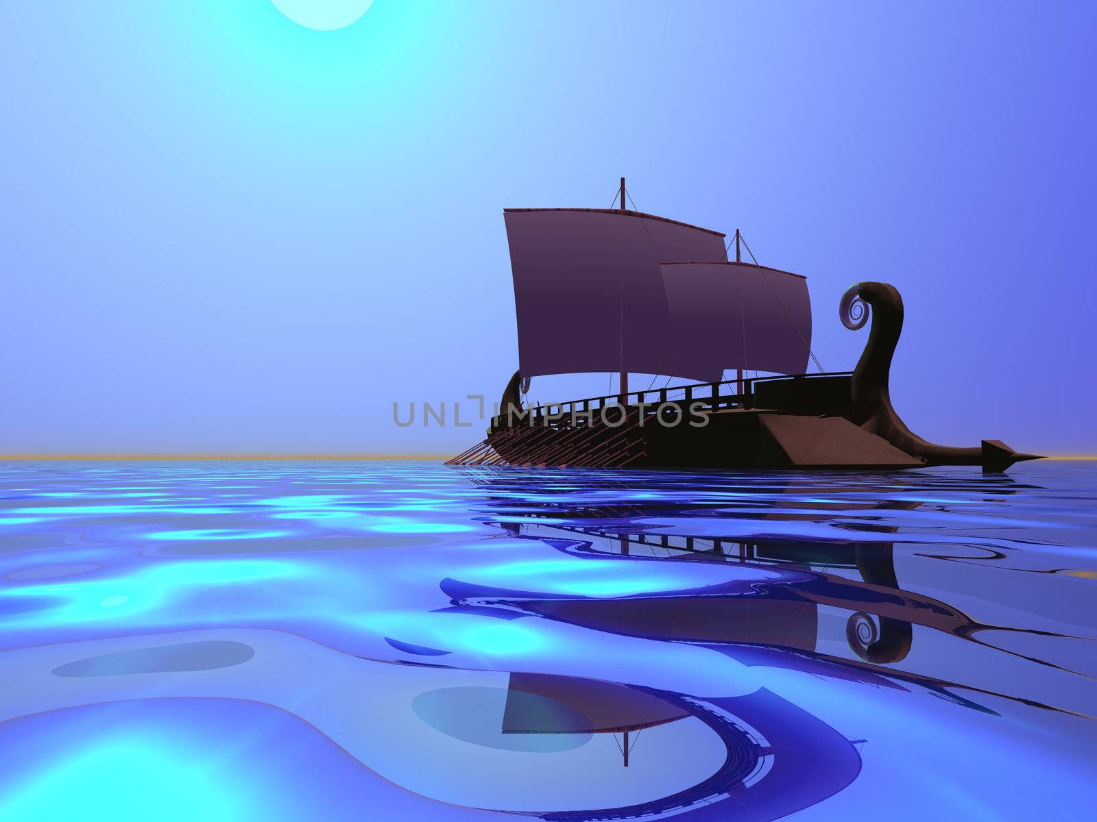 A greek ship sails on beautiful glowing waters.