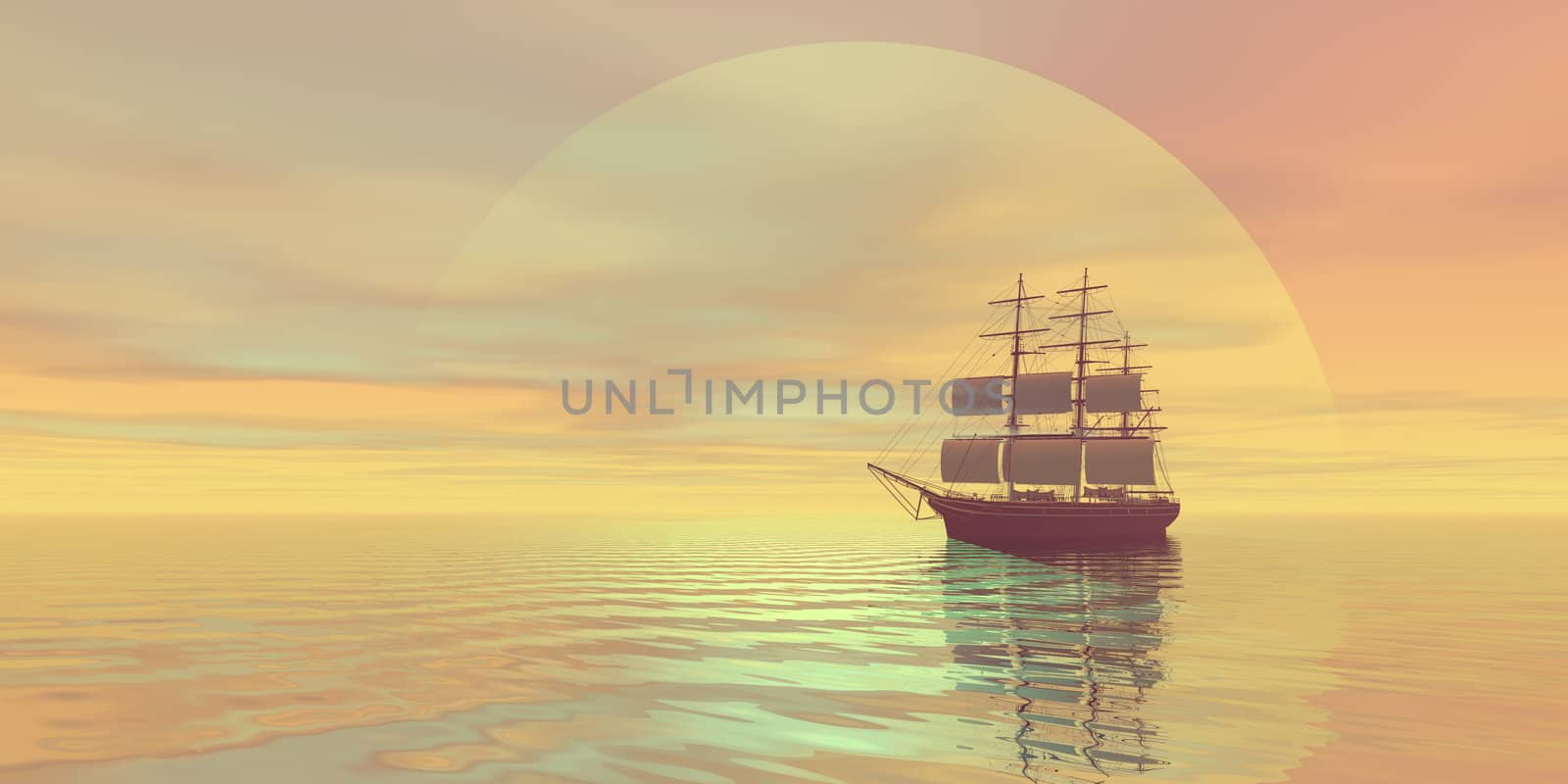 A clipper ship sails on golden seas.