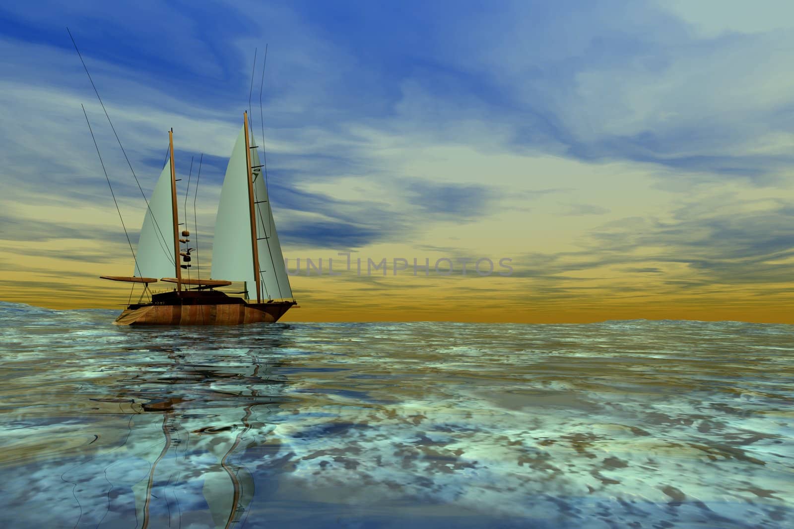 A sailboat heads toward the horizon on a beautiful day.