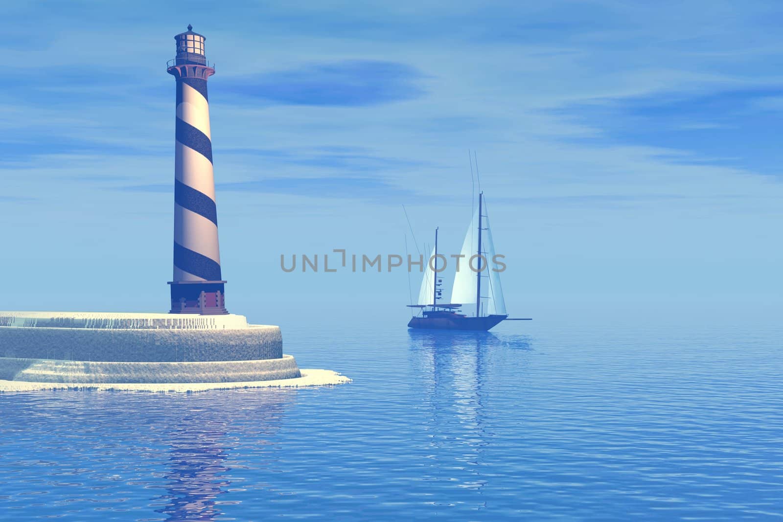A sailboat passes the lighthouse.