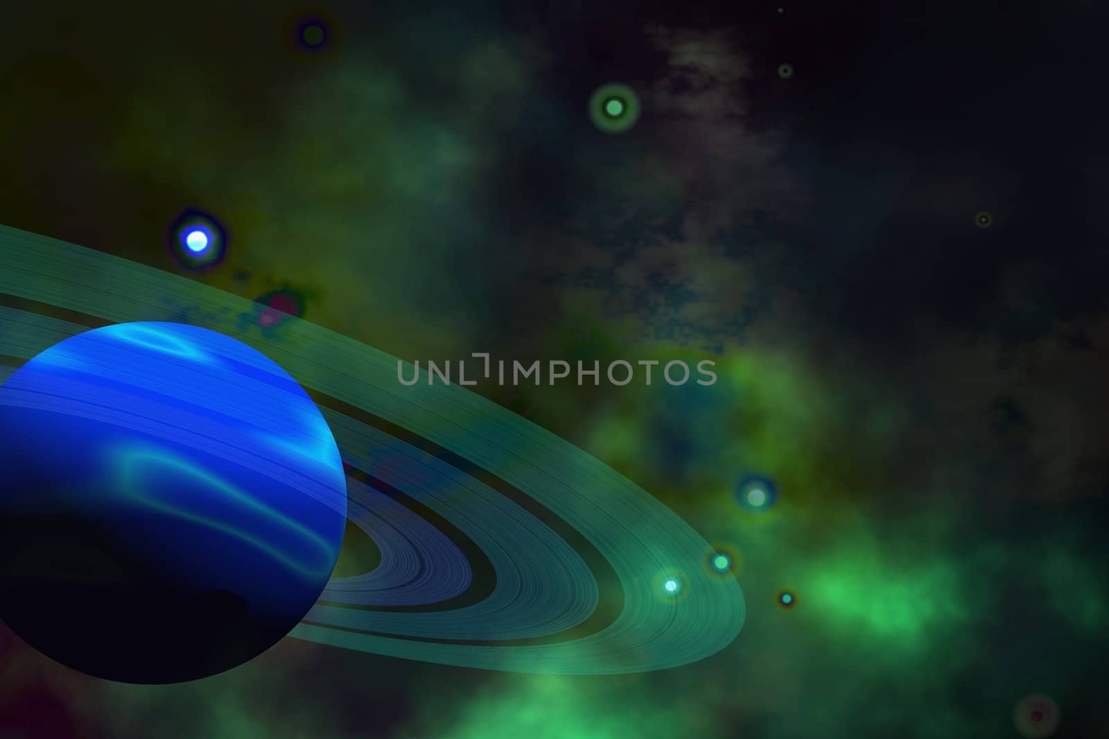 A blue ringed planet and nearby stars.