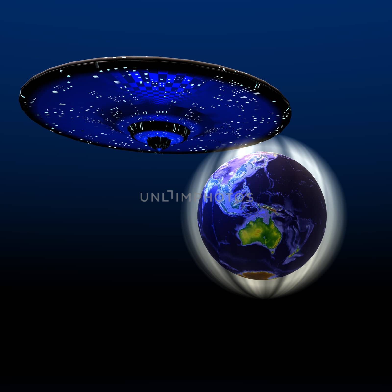 Cosmic image of a flying saucer and the magnetic force field protecting the Earth.