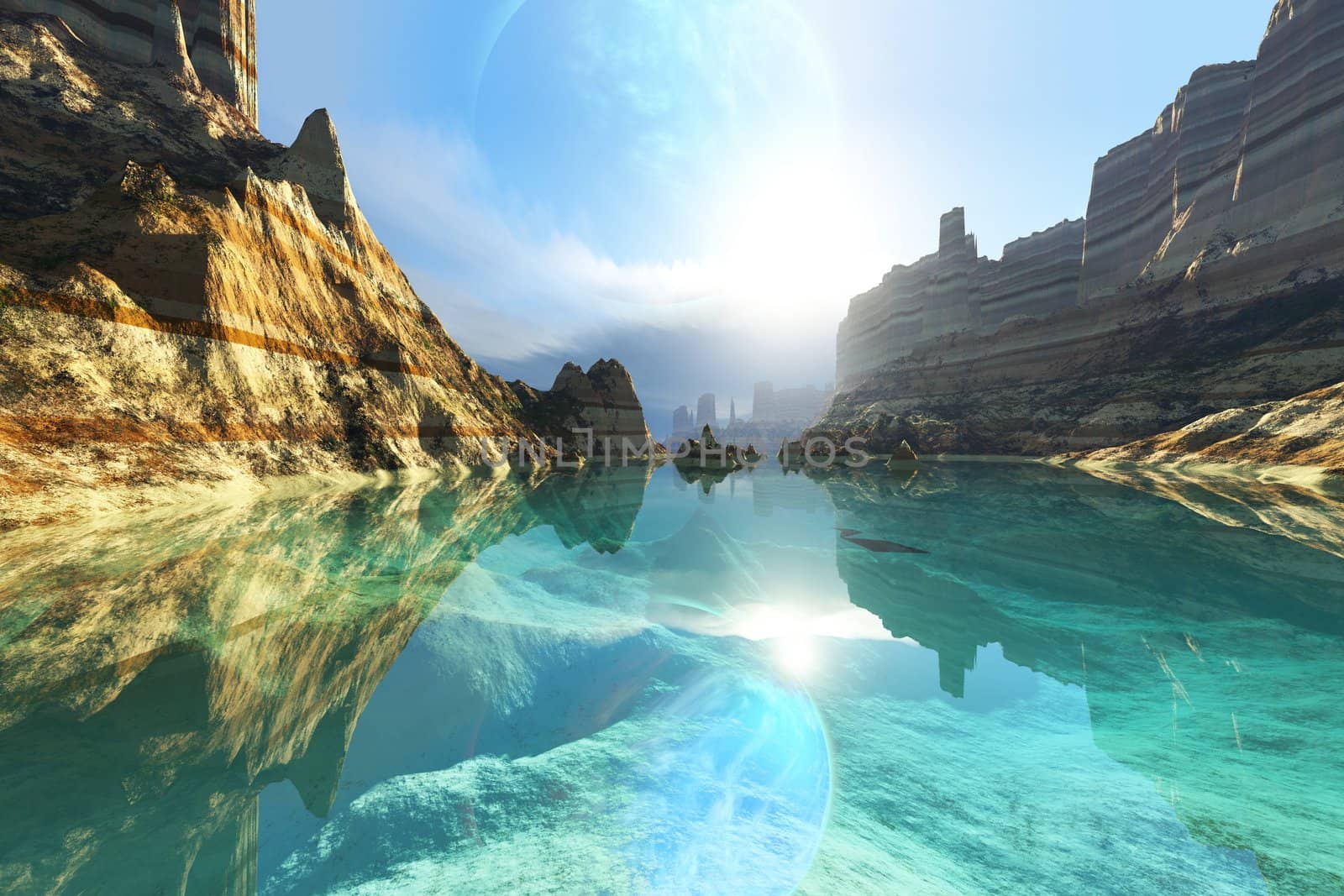 Clear canyon waters reflect the alien planet in the sky.