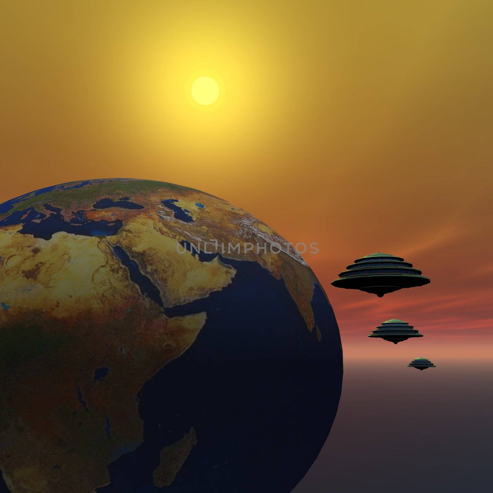 Flying saucers make a visit to Earth.