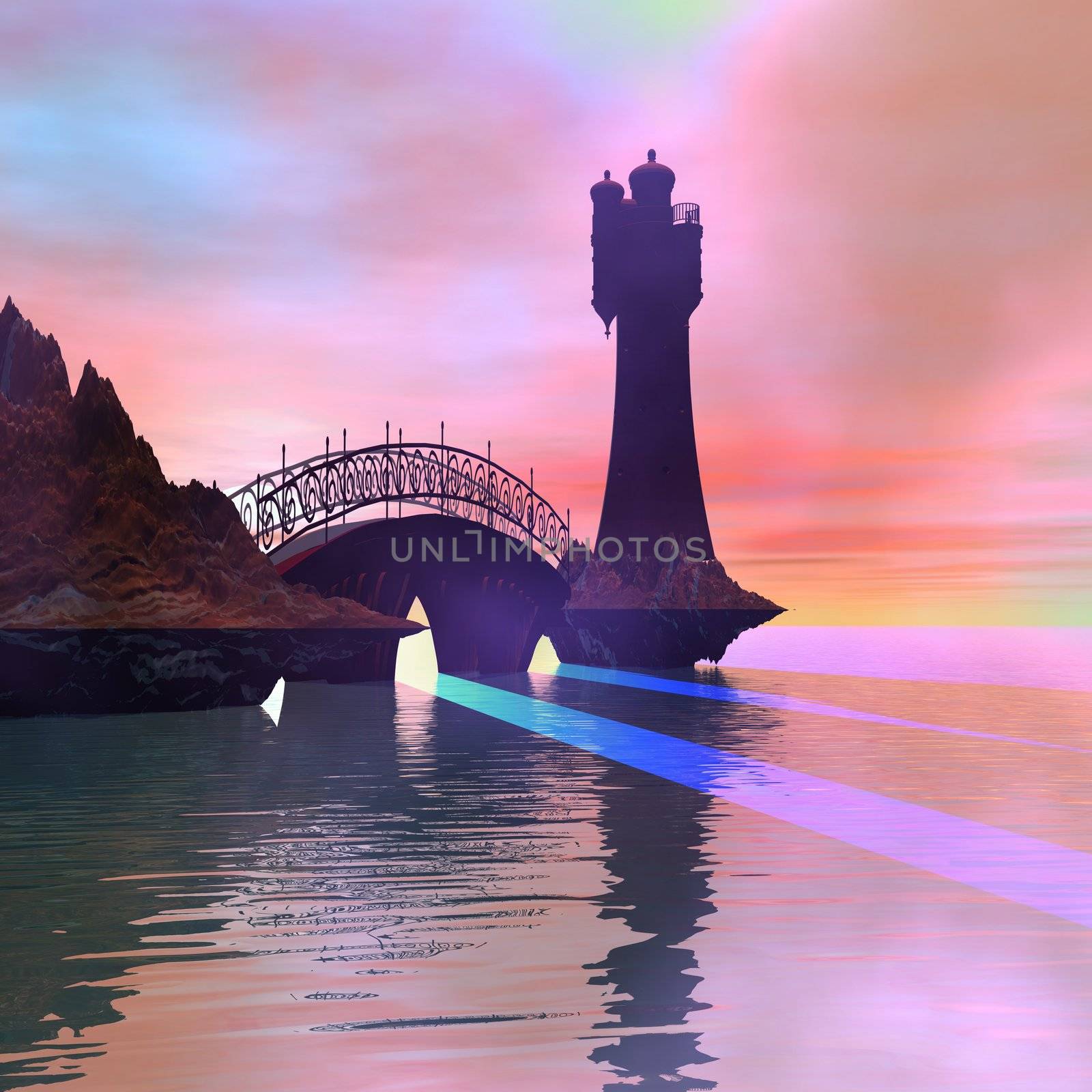 Fantasy lighthouse and bridge.