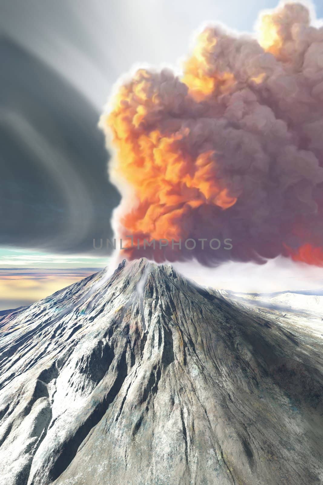 A volcano comes to life with billowing smoke.