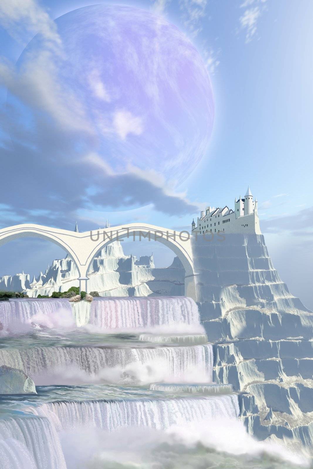 A fairy tale castle on this beautiful alien planet with gorgeous waterfalls.