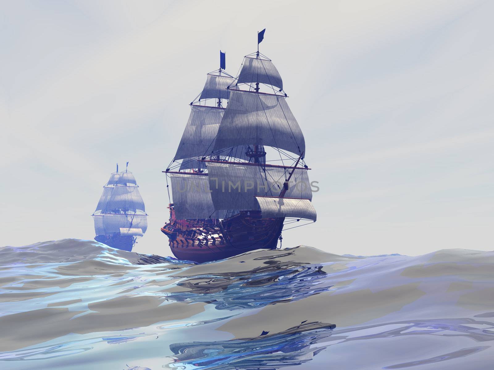 Two tall sailing ships ply the high seas.