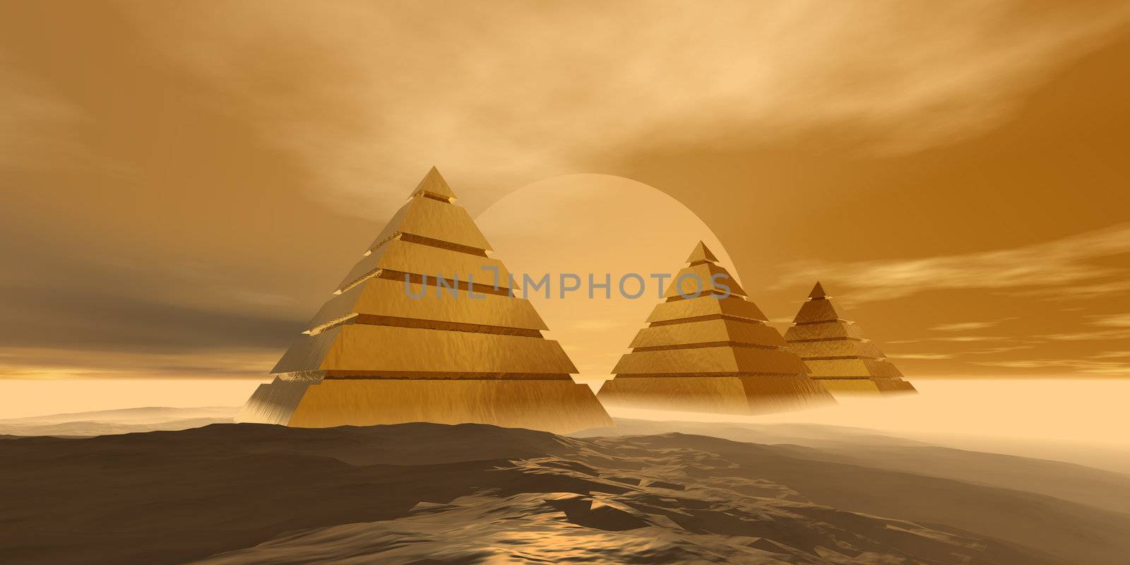 Three imposing golden pyramids in the desert.