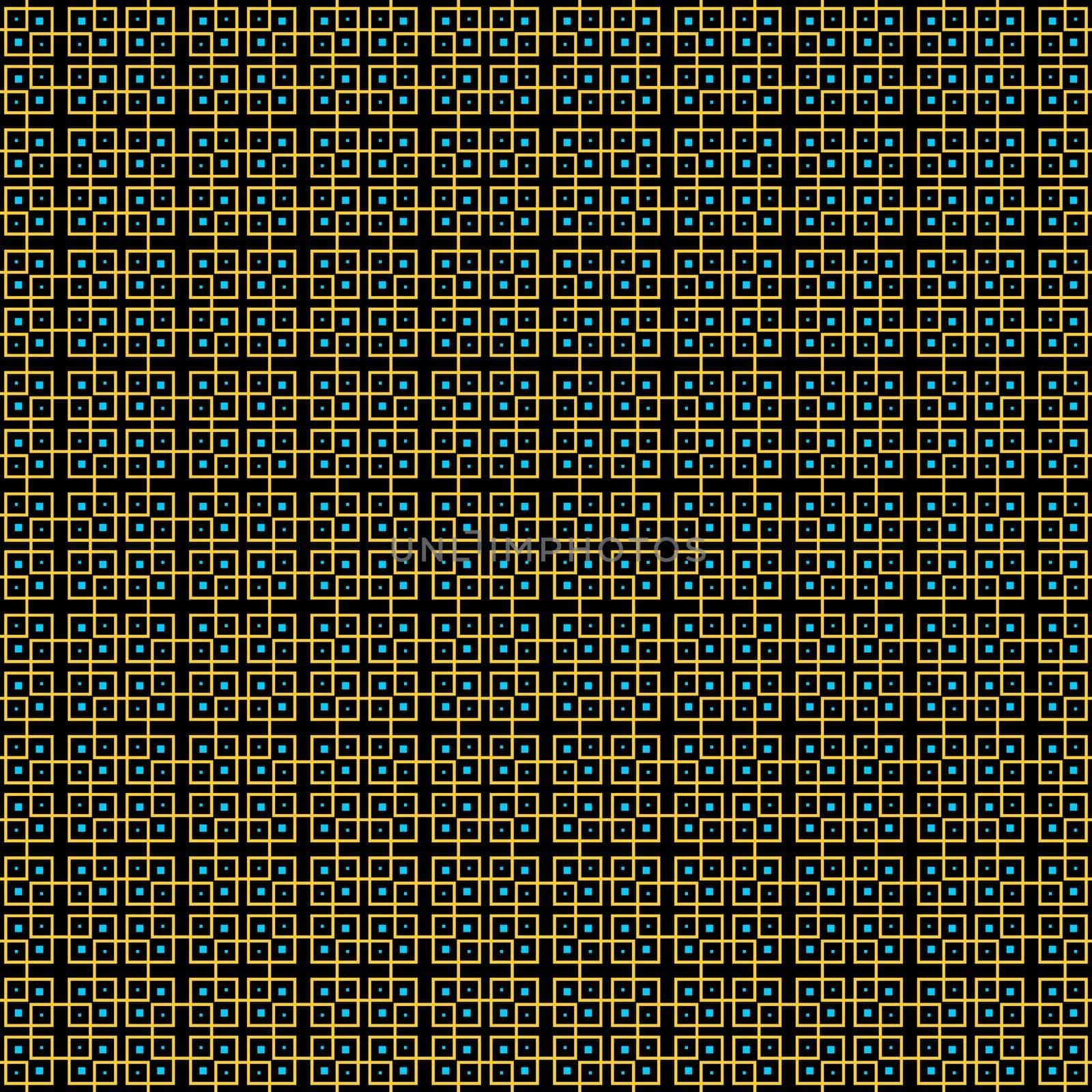 seamless texture of repeating gold and turquoise squares on black