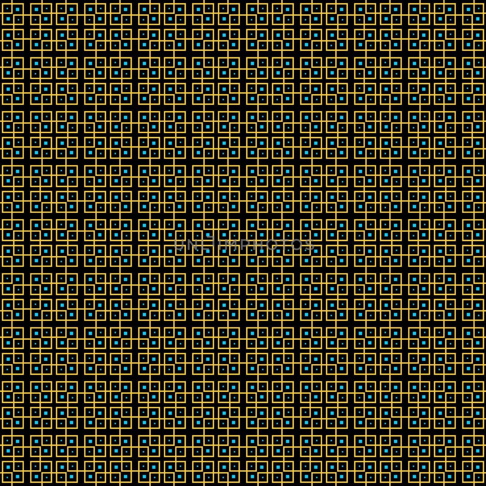 seamless texture of repeating gold and turquoise squares on black