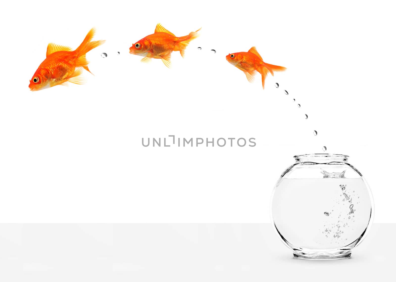 three goldfishes escaping from fishbowl by jjayo