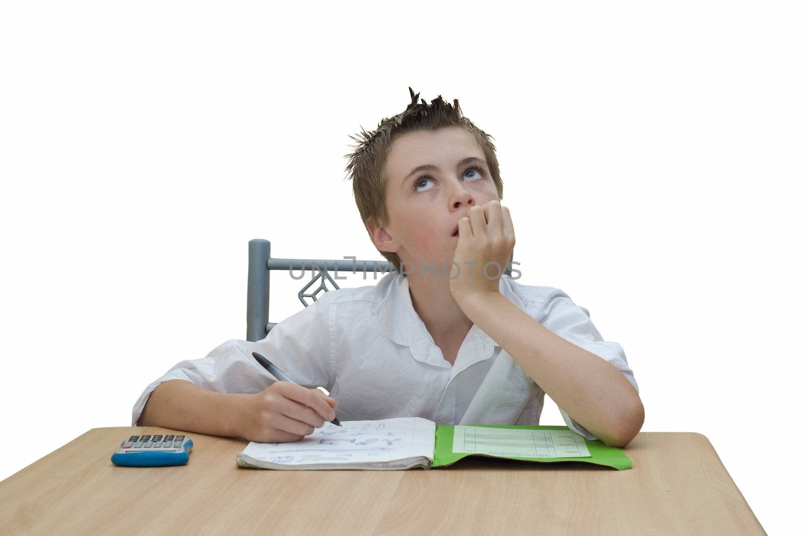 an image of a student looking upwards and biting his finger nails while trying to work out a problem.