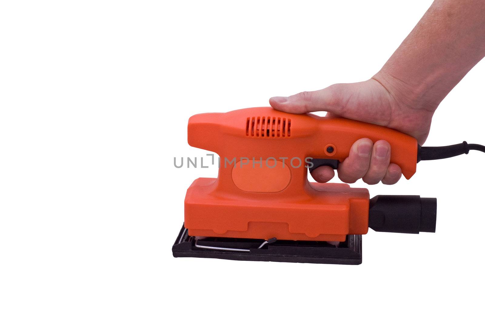 an isolated over white caucasian human hand holding an orange electric sander.
