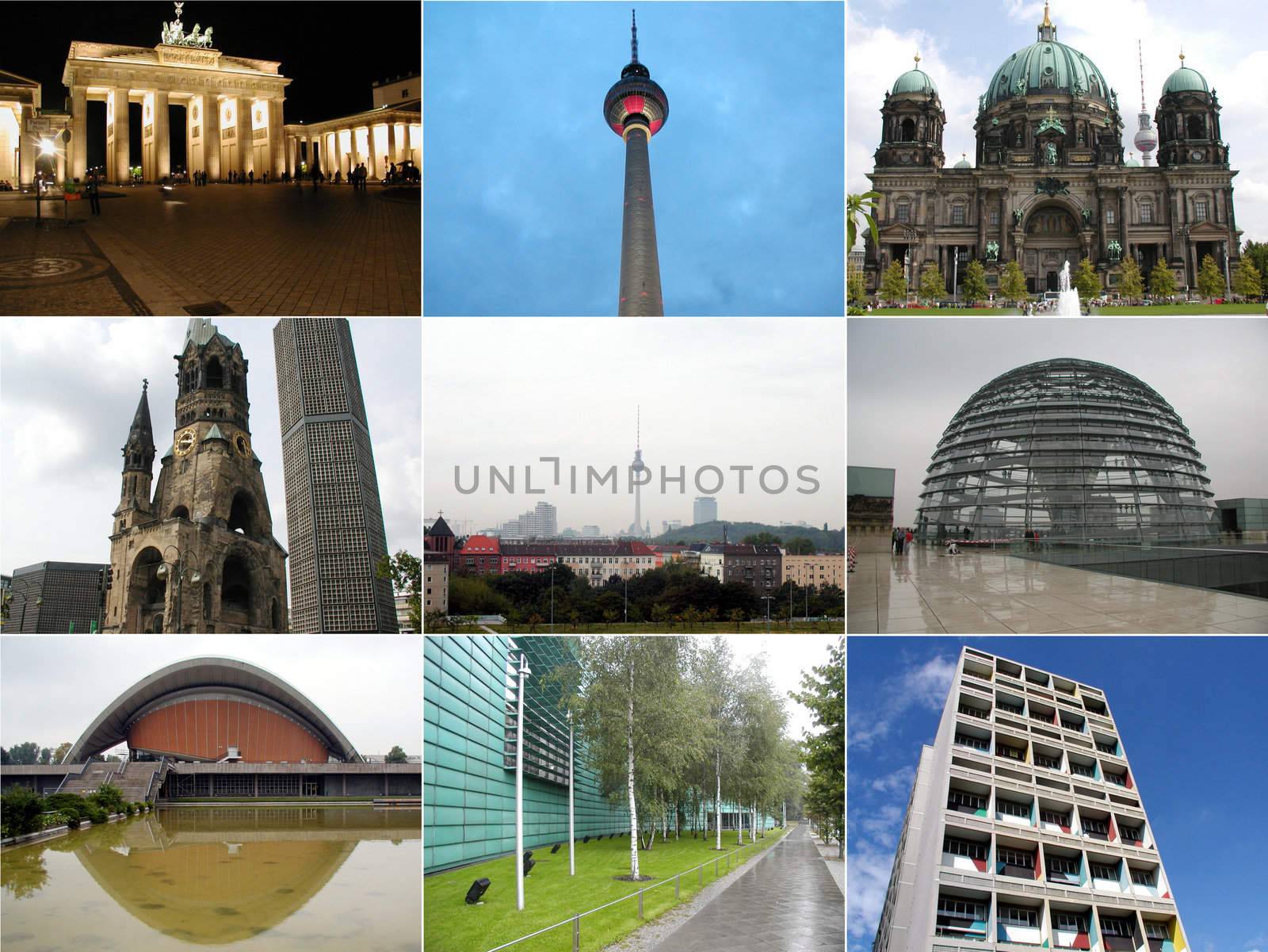 Berlin landmark collage including the Brandenburg gates, television tower in Alexander Platz, Berliner Dom