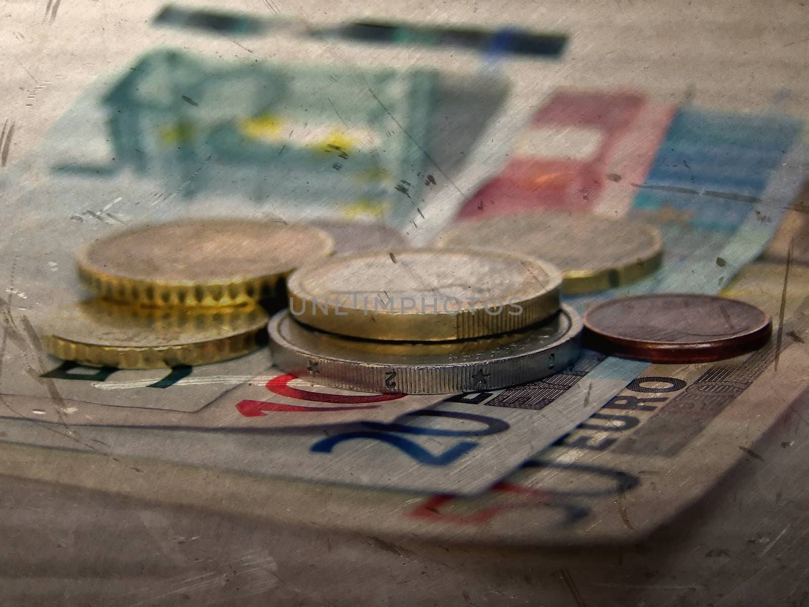 Grunge illustration of Euro banknotes and coins money useful as a background