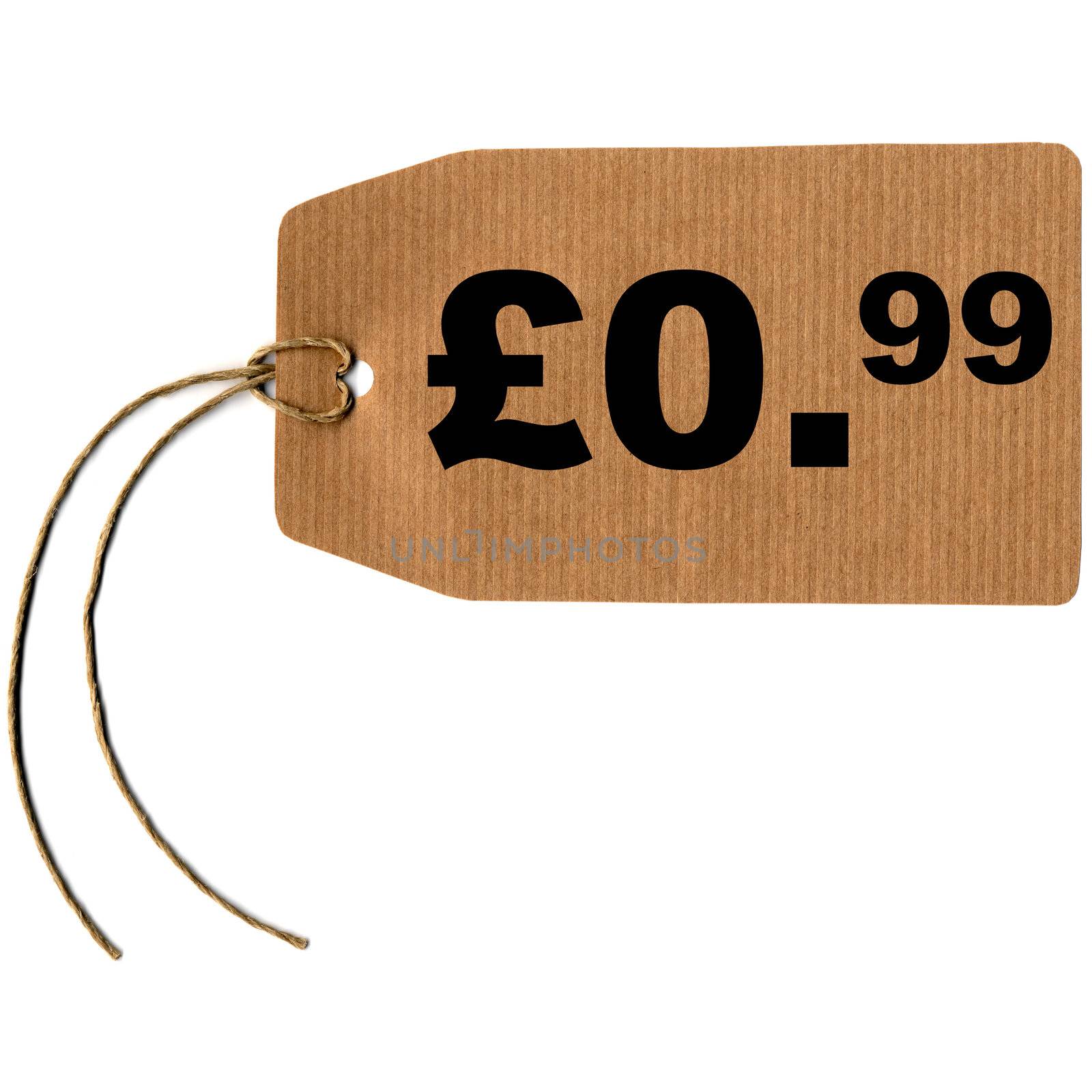 Price tag with string isolated over white, 0.99 pound pence