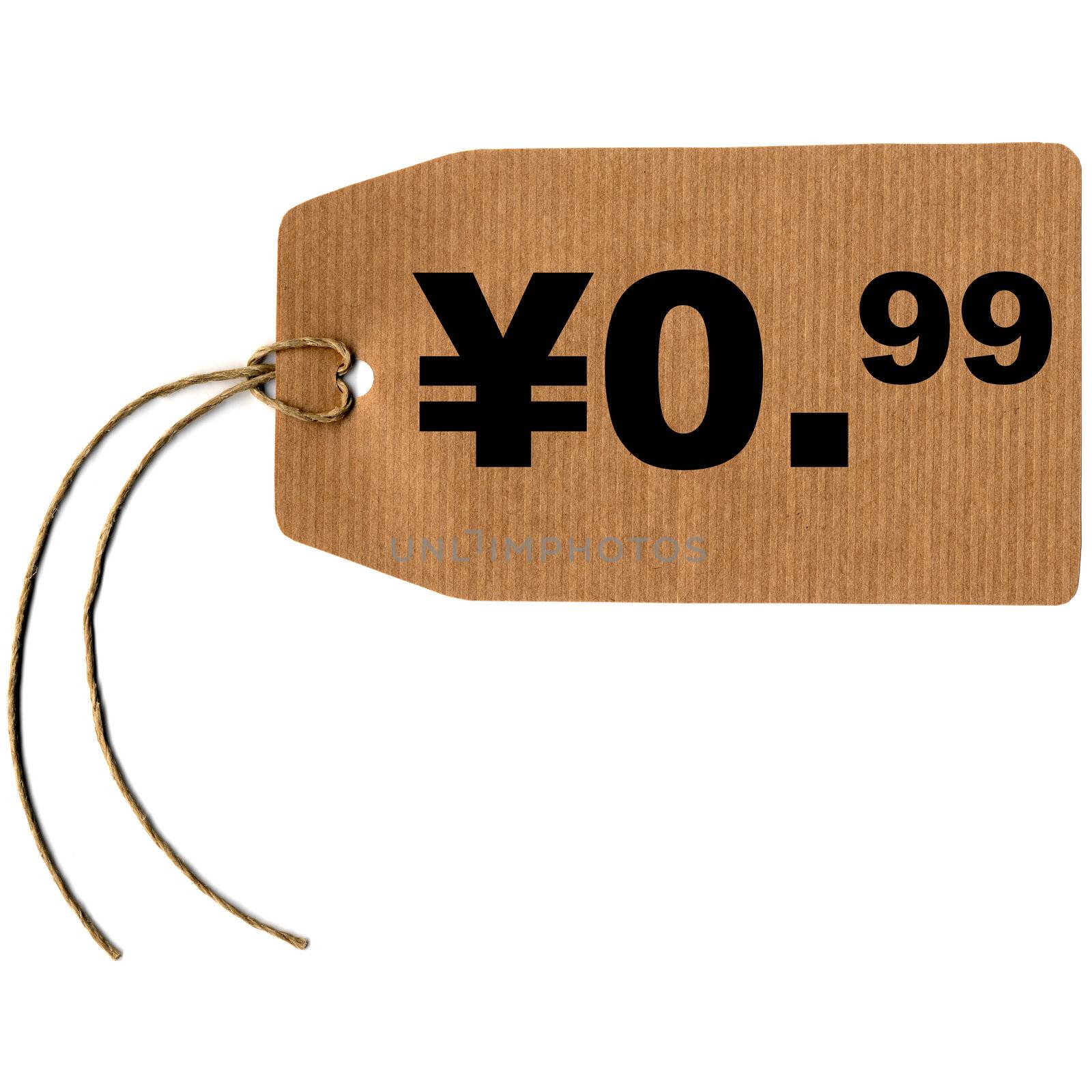 Price tag with string isolated over white, 0.99 yen cent