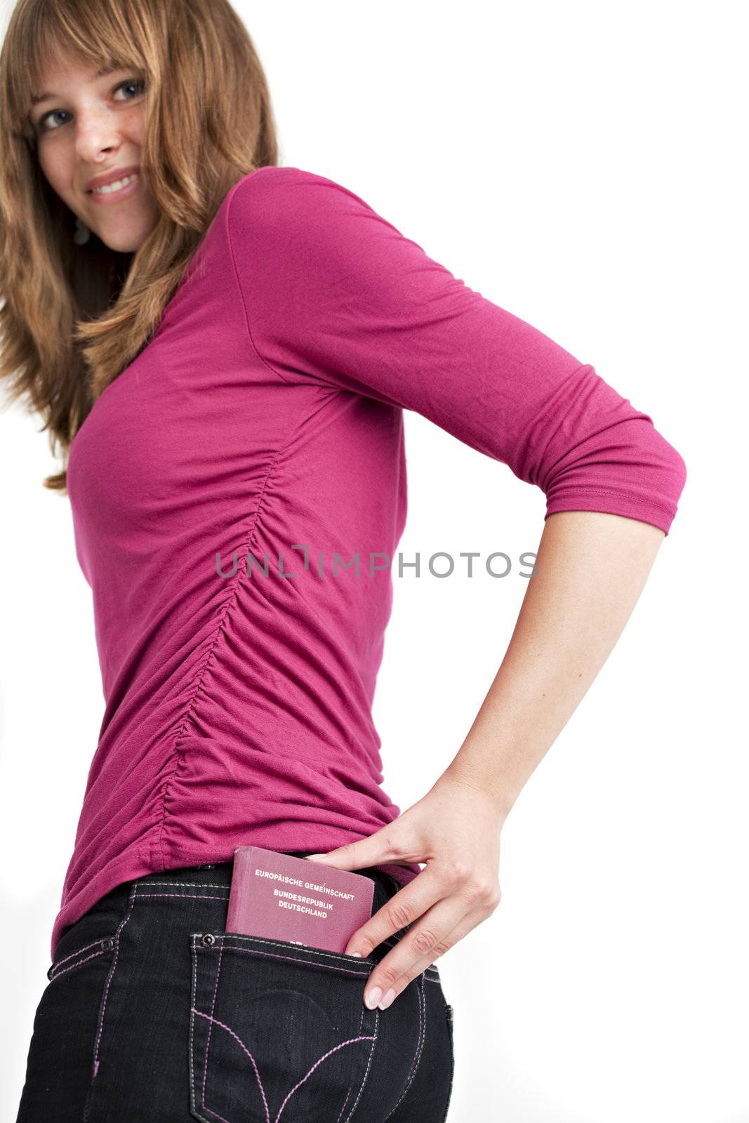 young woman pulling her passwort out of the pocket by bernjuer