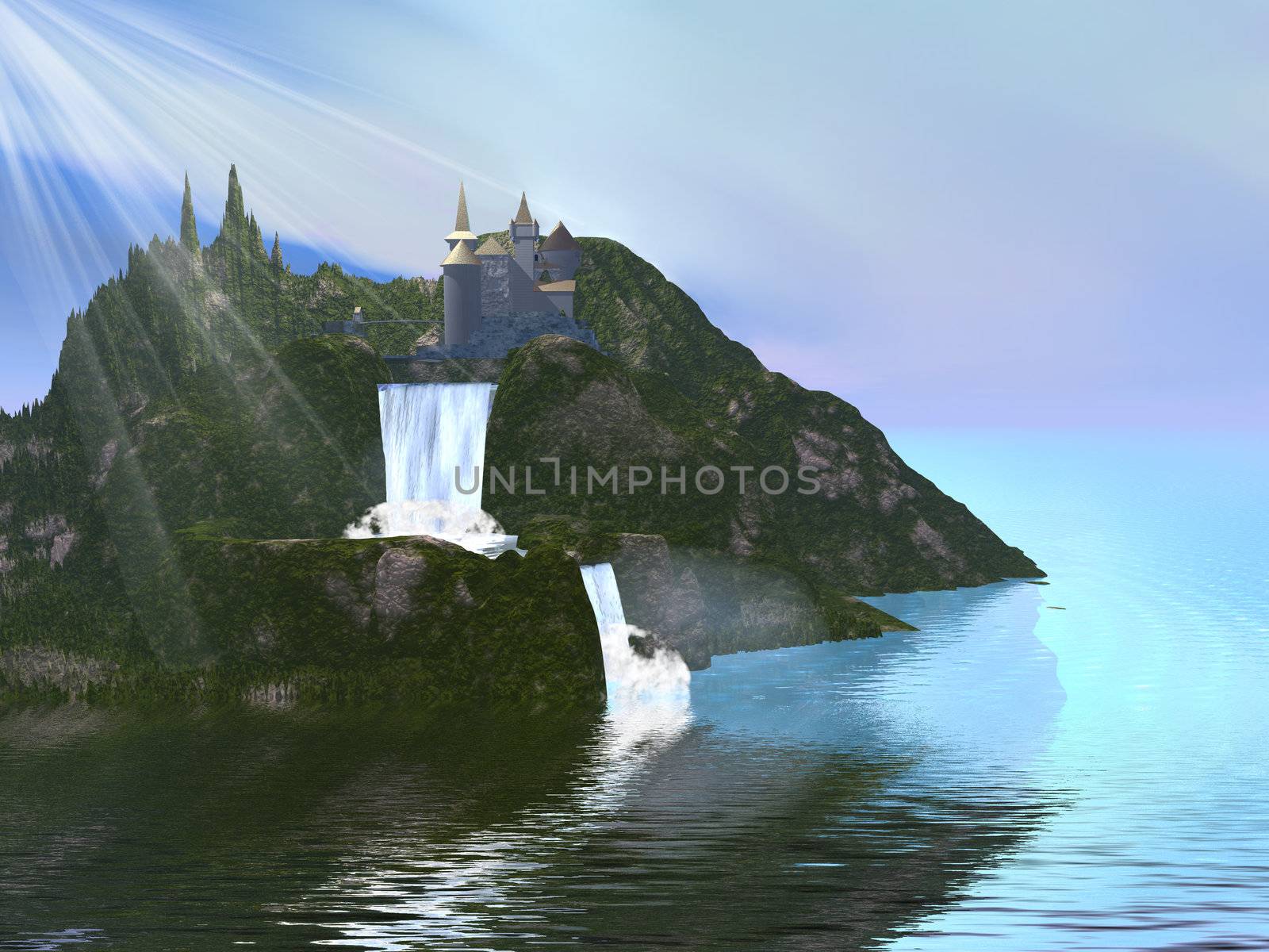 A fairytale castle sits among beautiful waterfalls.