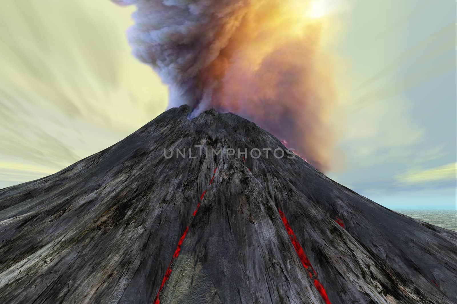 An active volcano belches smoke and ash into the sky.