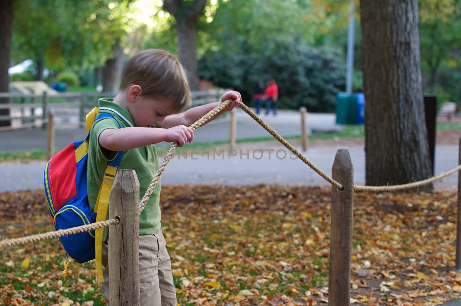 A young boy lifts a rope to climb underneath.