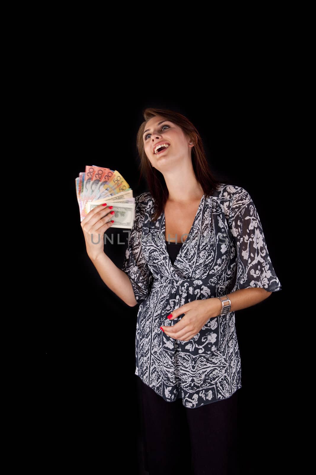 Young Lady fanning herself with various currency notes
