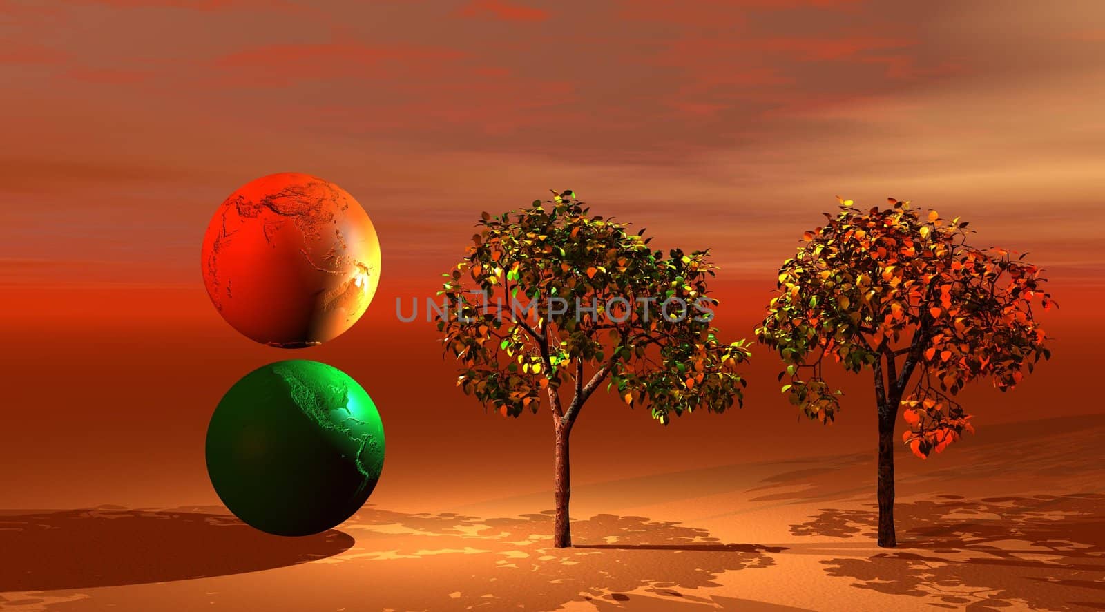 two balls world and two trees orange and green