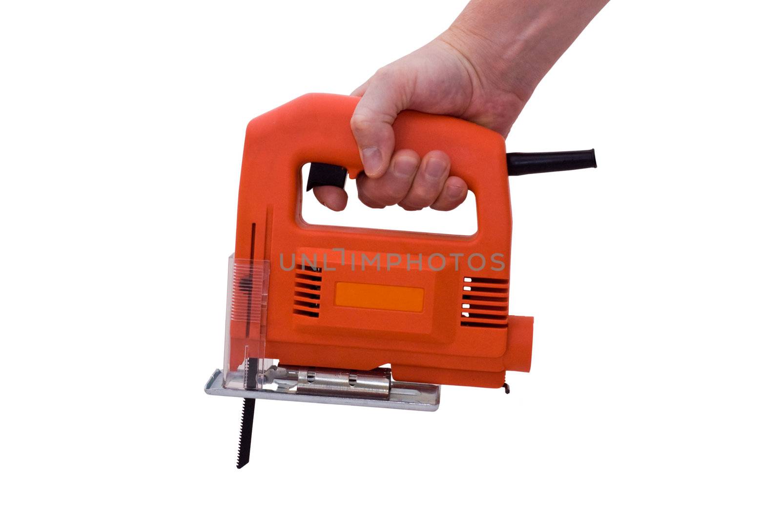 an isolated over white image of a caucasian mans hand holding an orange electric jigsaw.

(please do not mistake the texture of the tool for noise)