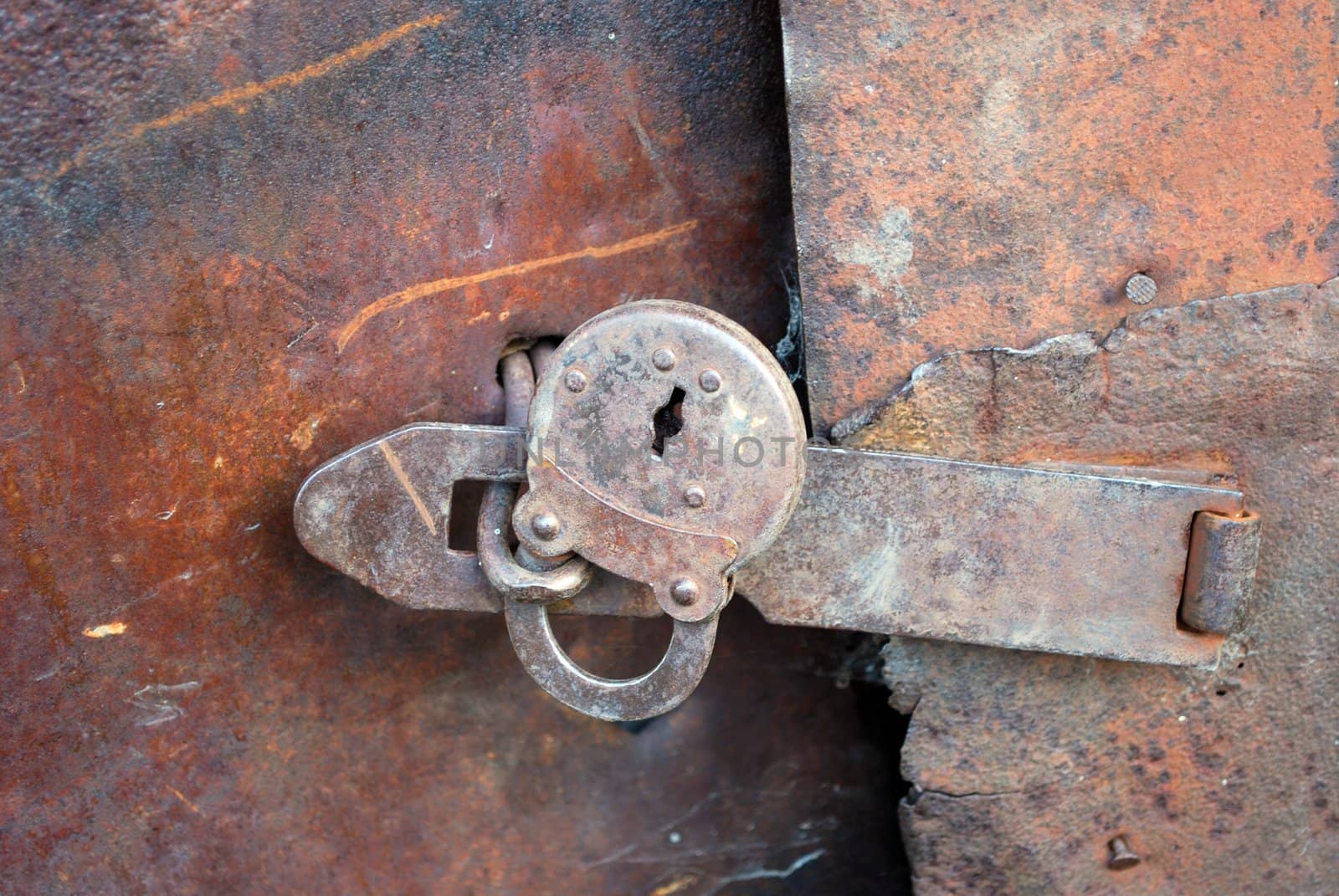 Padlock on old Rusted Metal Door