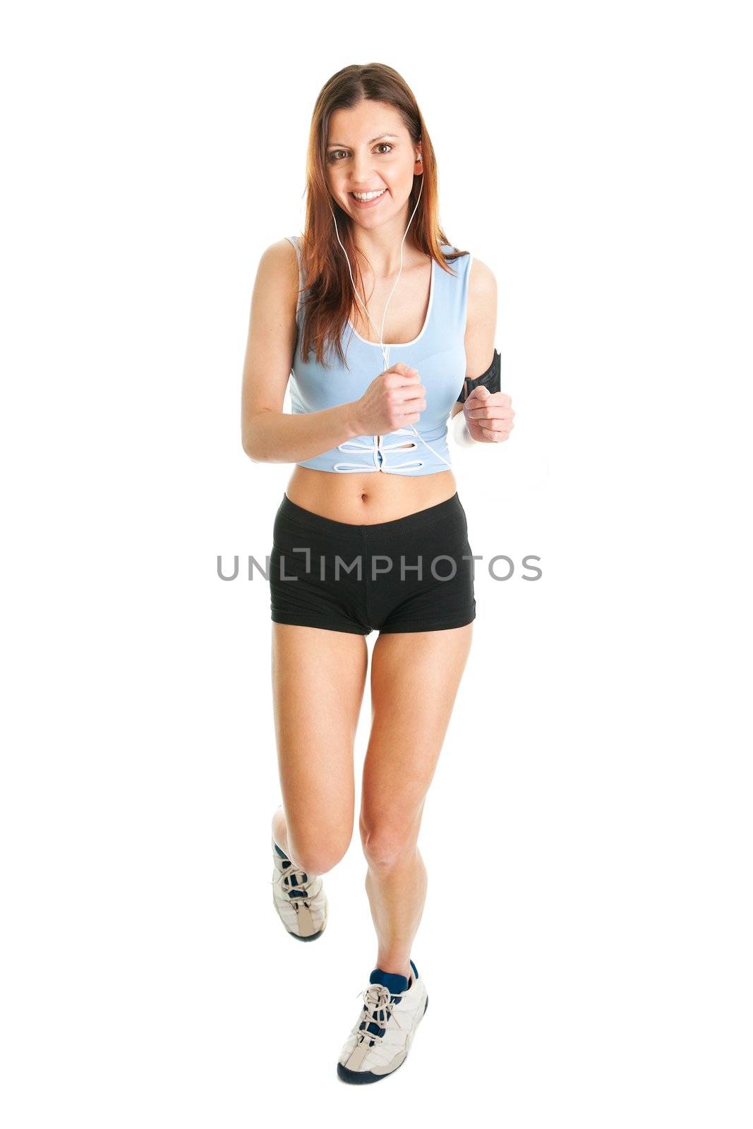 Running fitness women with mp3 player. Isolated on white