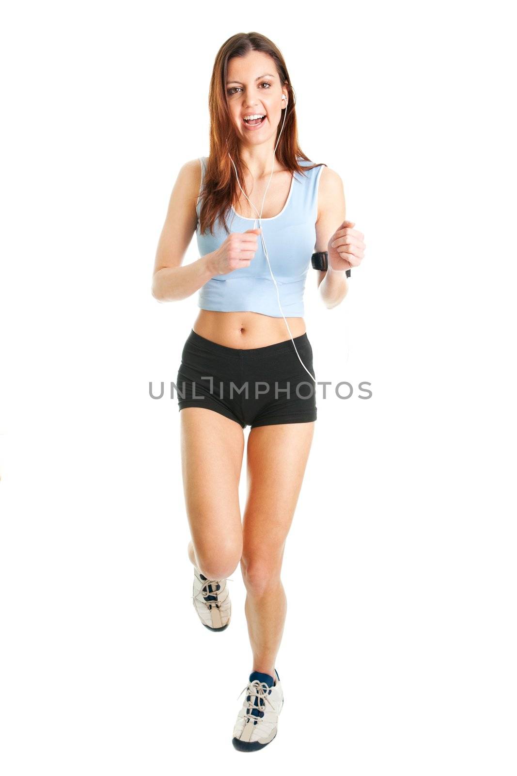 Running fitness women with mp3 player. Isolated on white