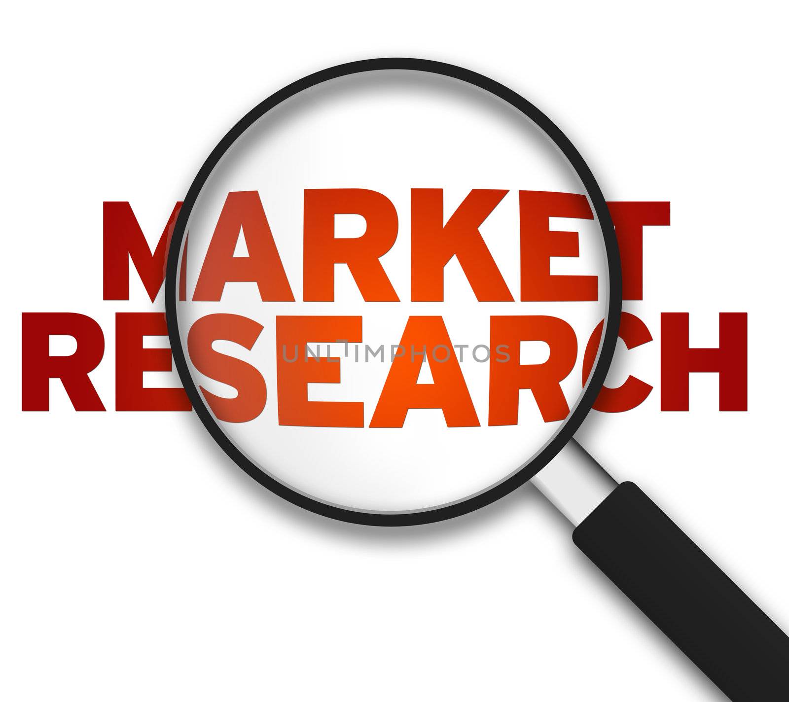 Magnifying Glass with the word Market Research on white background.