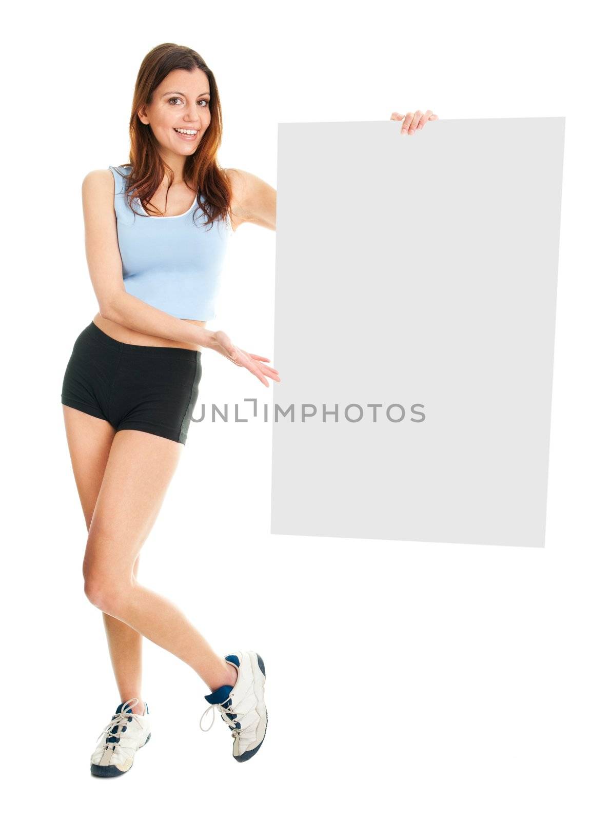 Fitness woman presenting empty placard. Isolated on white