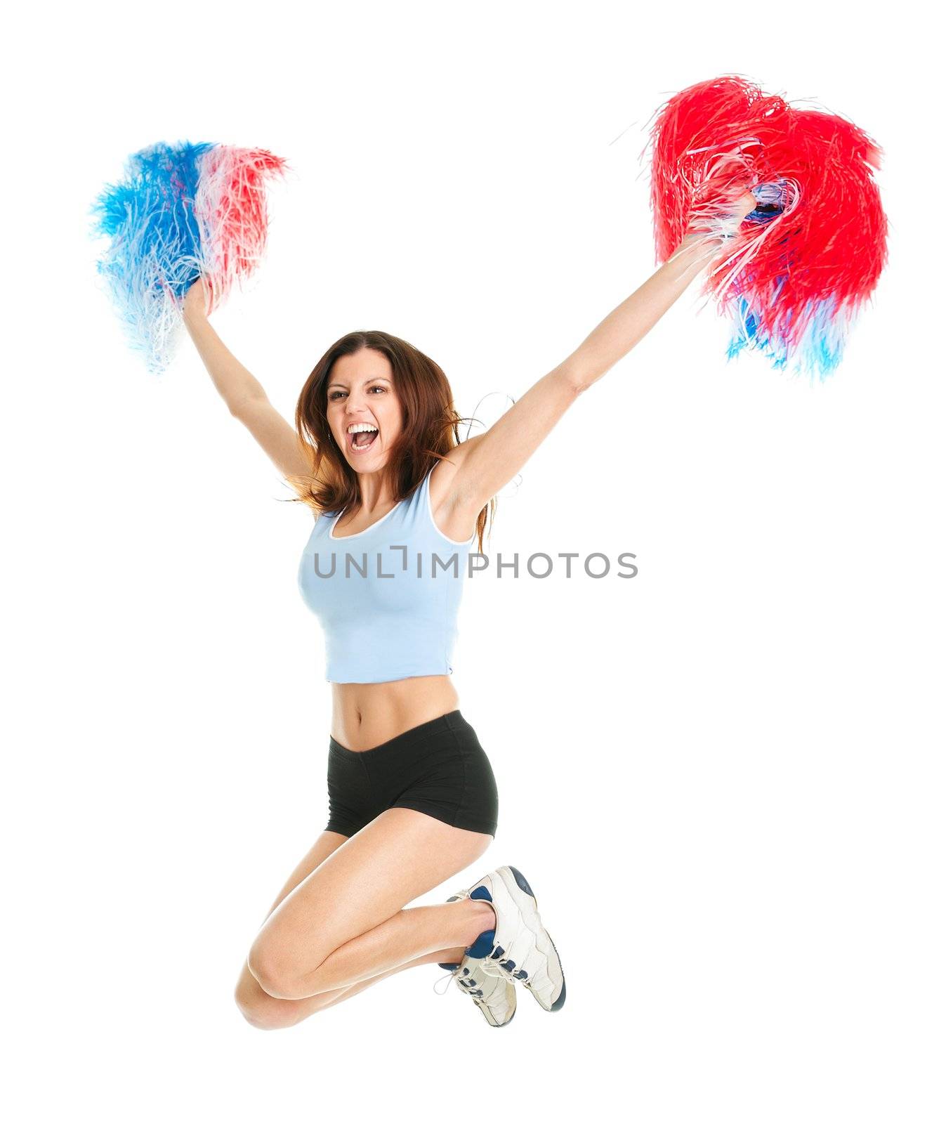 Cheerleader girl jumping with pom poms. Isolated on white