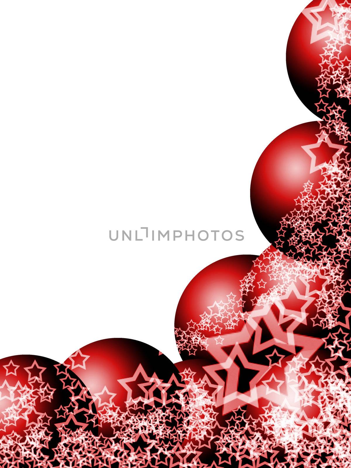 Elegant Christmas Corner with Red Balls and Lacy Stars over White Background