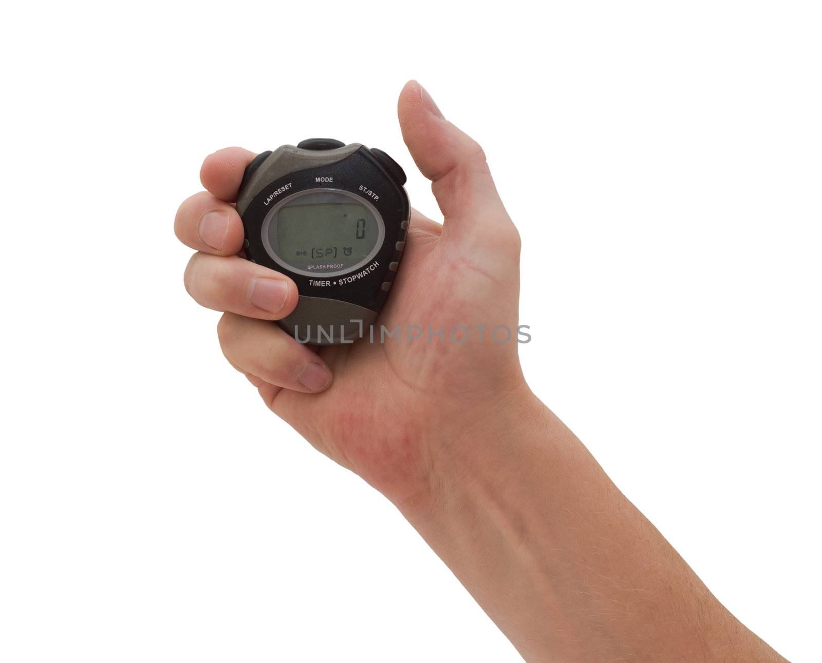an isolated over white caucasian man's hand holding a well worn old stopwatch poised to press the start or stop button