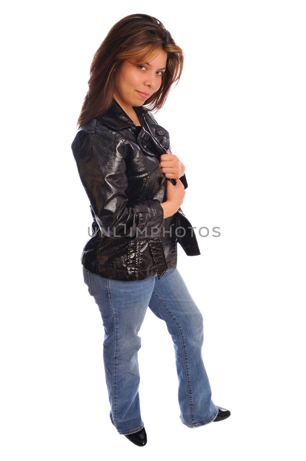 an attractive model dressed in casual fashion on a white background