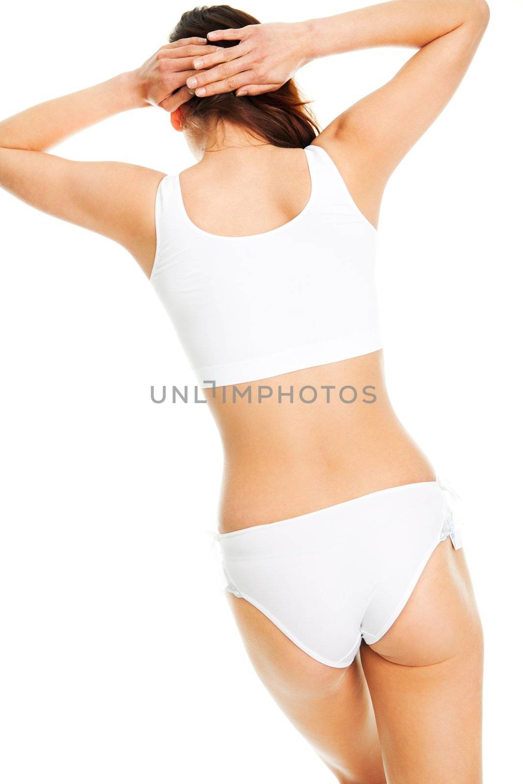 Beautiful woman body in white cotton underwear. Isolated on white