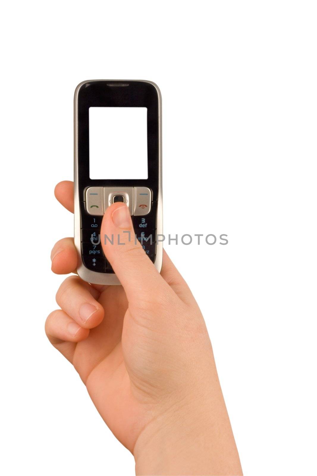 a technology cellular phone holding in a human hand