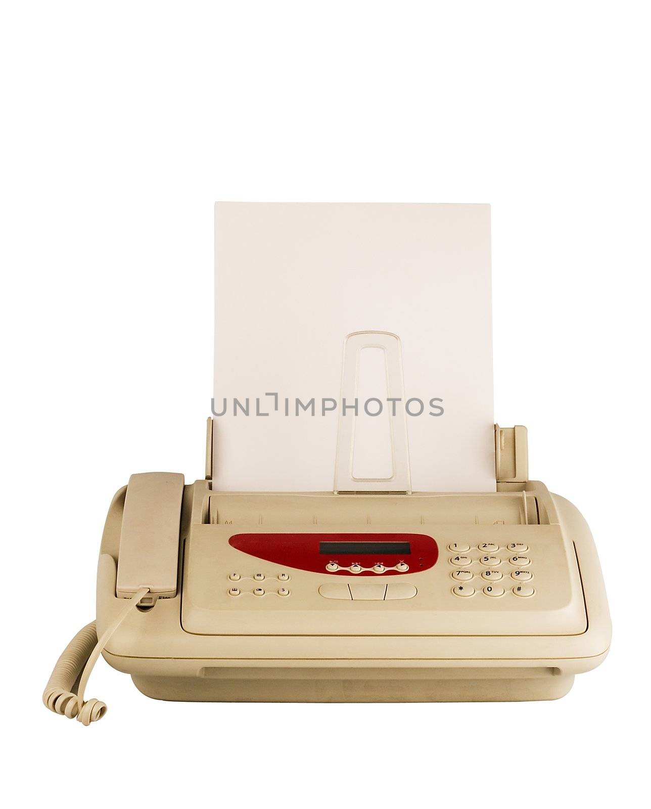 isolated technology fax with blank paper ready to edit