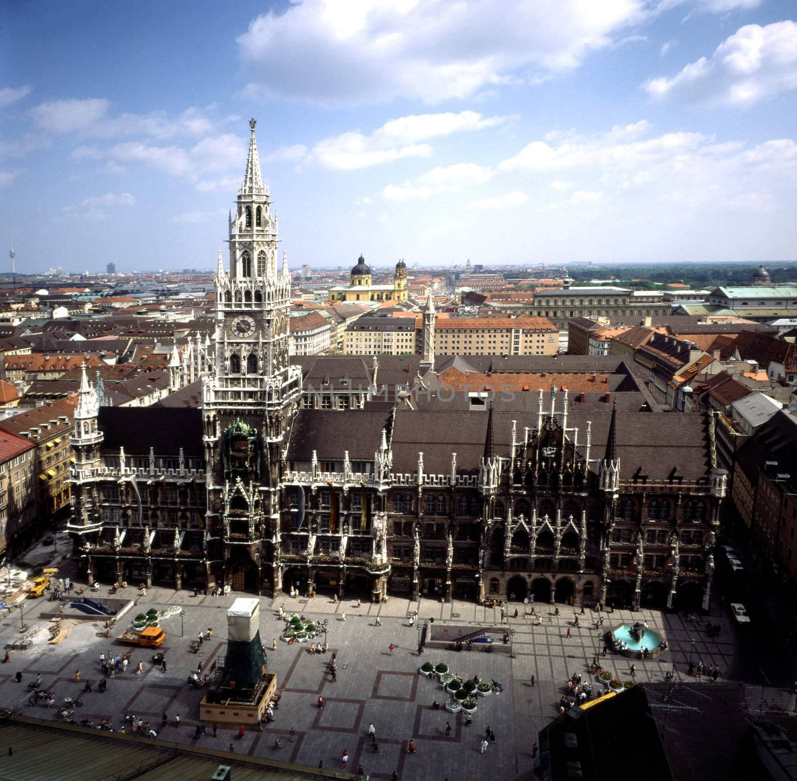 Marienplatz with a Clockspiel on Town Hall Tower and Frauenkirche