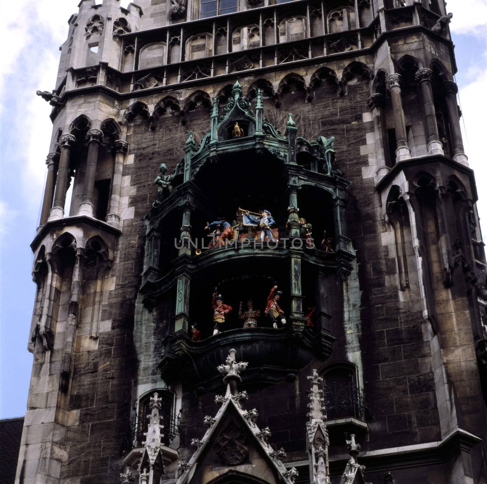 Marienplatz with a Clockspiel on Town Hall Tower and Frauenkirche